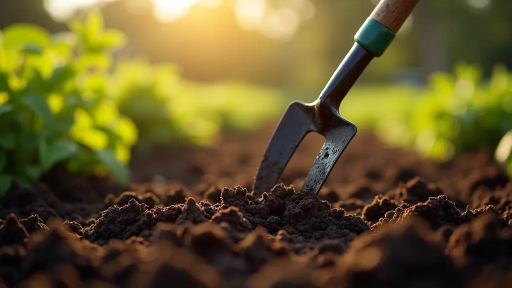 Allotment plot with prepared garden beds and garden tools ready for planting