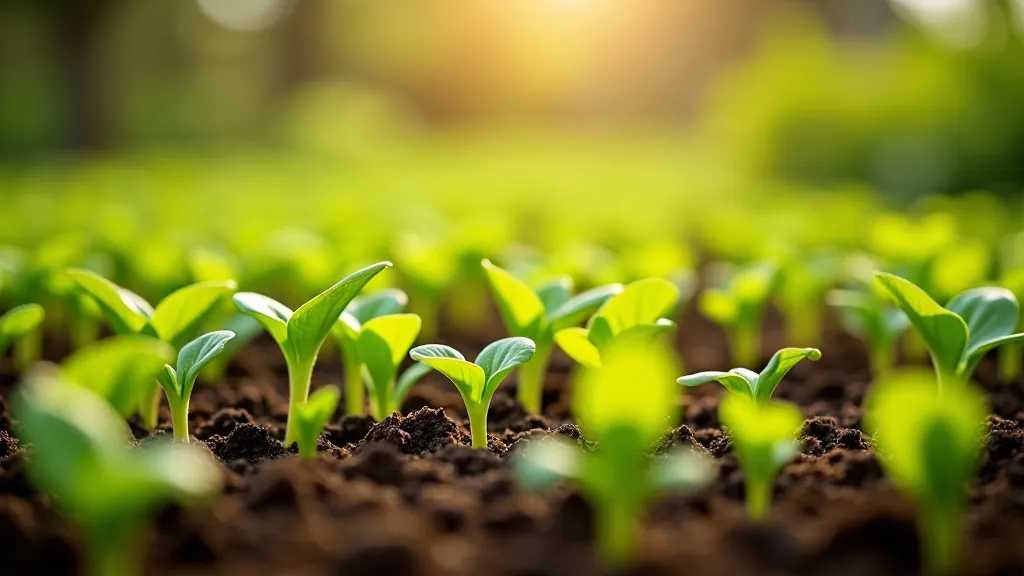 Spring garden beds with newly planted vegetable seedlings and labels, morning light